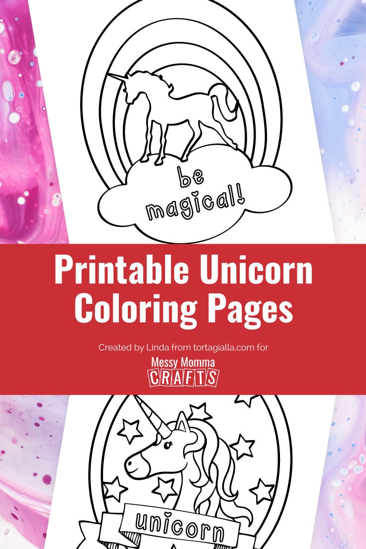 Preview of two unicorn coloring pages on purple pink marbled swirl background.