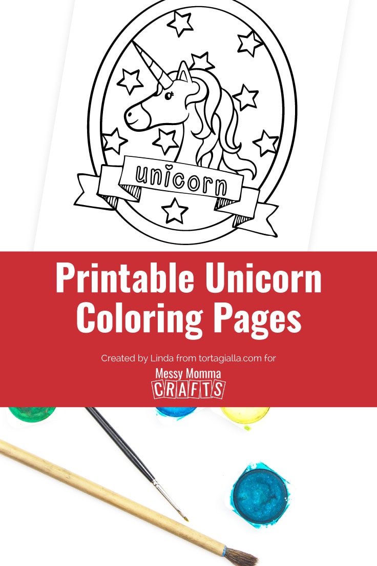 Preview of unicorn coloring page on white desk with paintbrushes and watercolor pans.