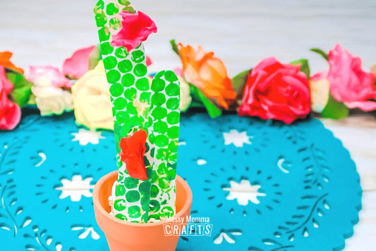 Mini terra cotta pot with a bubble-wrap stamped paper cactus.