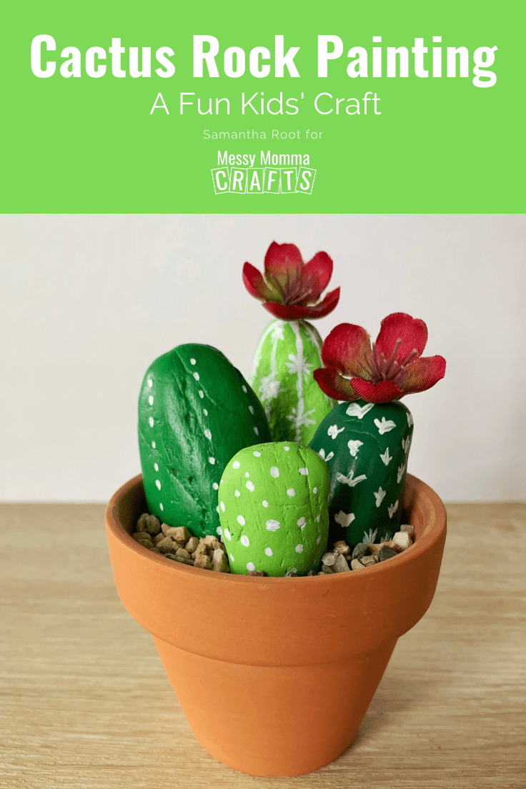 4 cute green cactus painted rocks with red blossoms.