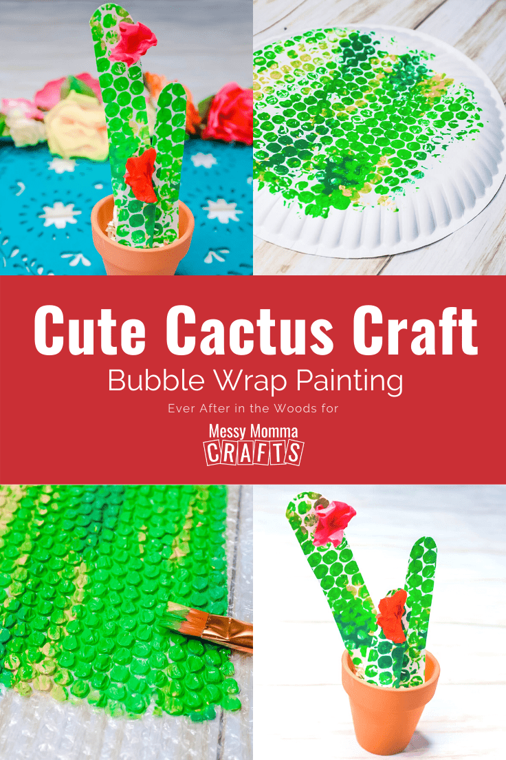 Collage of images showing the process of painting bubble wrap, stamping a paper plate, cutting the cactus shape, and putting the pieces in a pot.