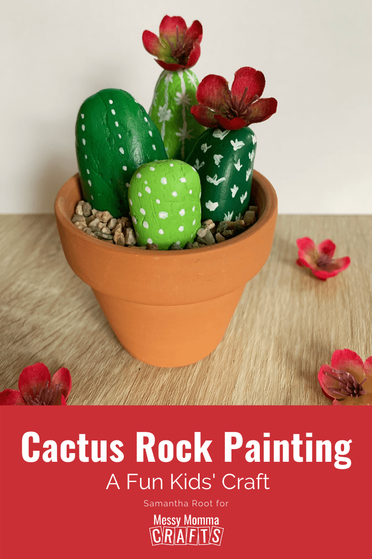 Cactus rock painting in a clay pot.