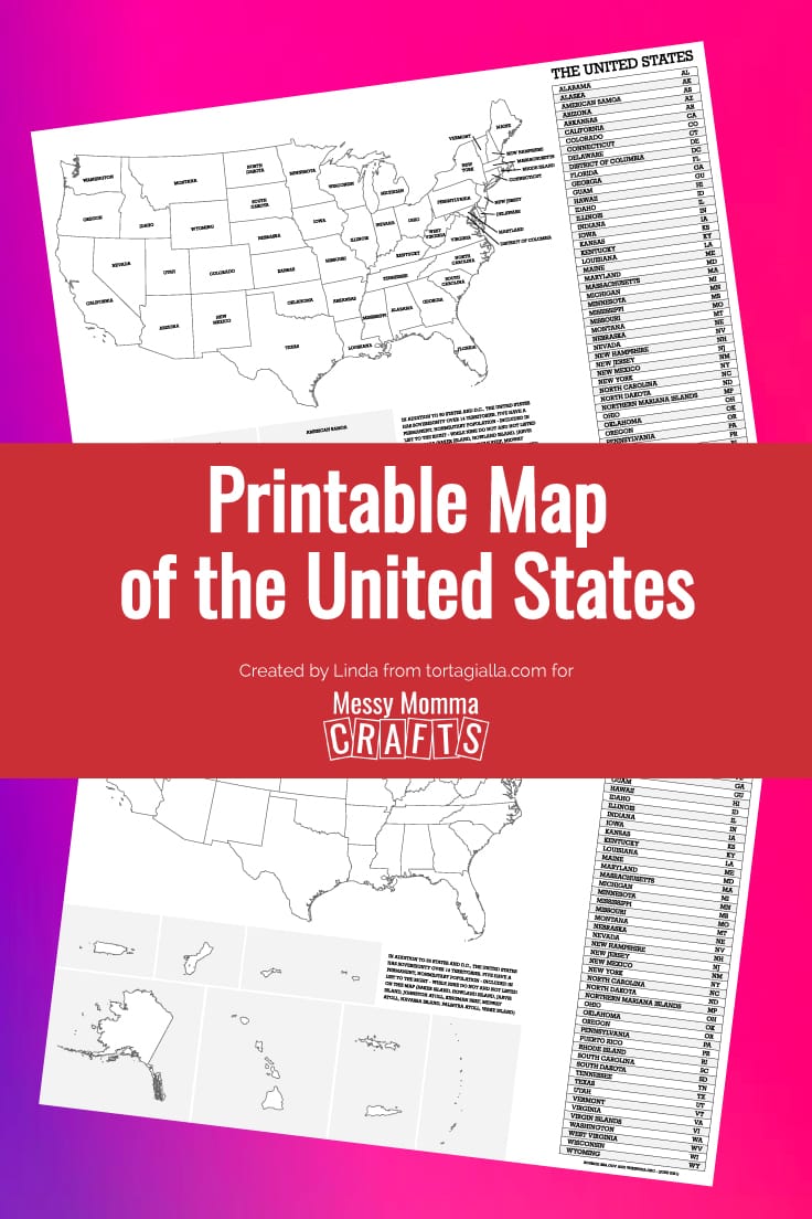 Preview pages of Printable Map of the United States on a multi-colored background.