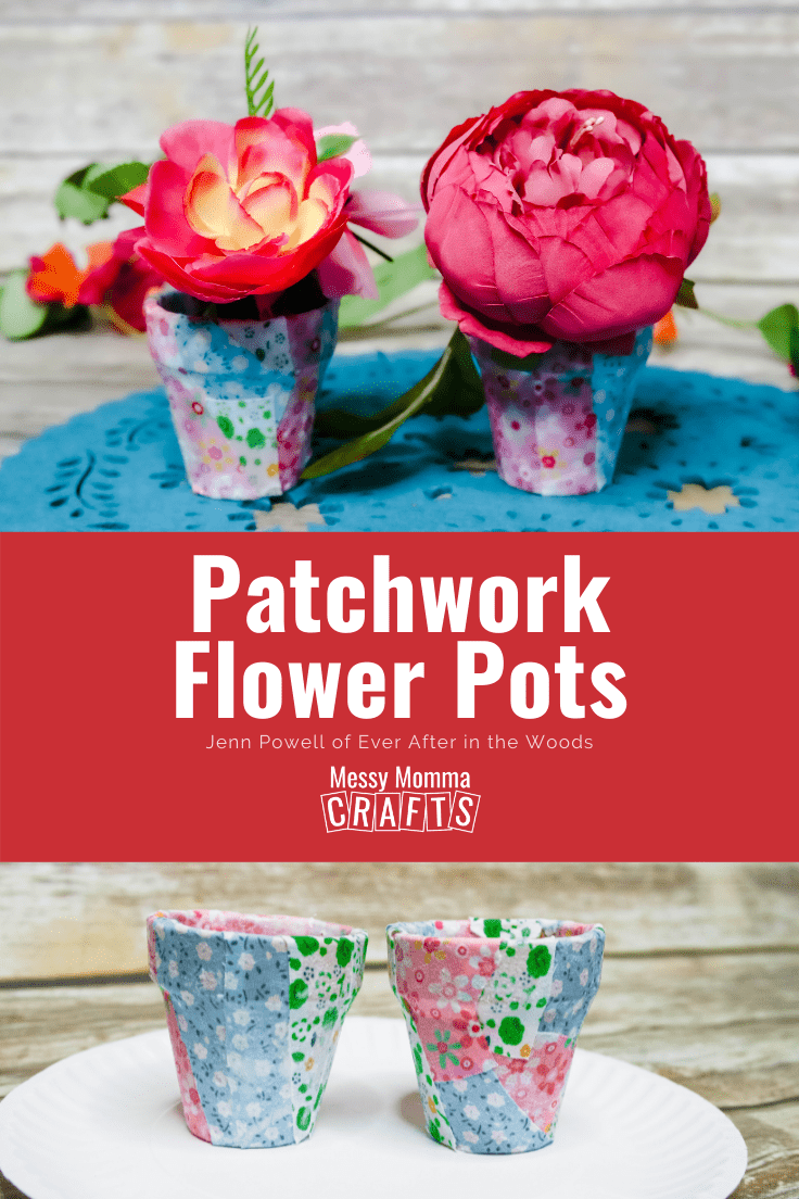 Mini terra cotta pots decorated with patchwork squares and filled with silk flowers.