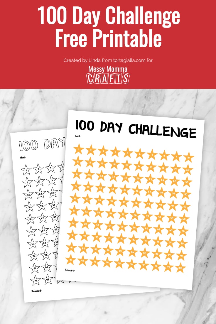 Preview of 100 day challenge printable of numbered stars on marble background.