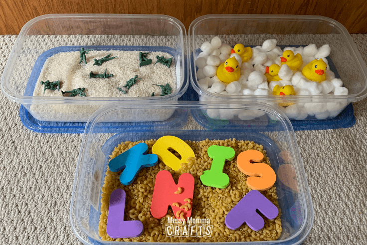 Three different sensory bins for toddlers.