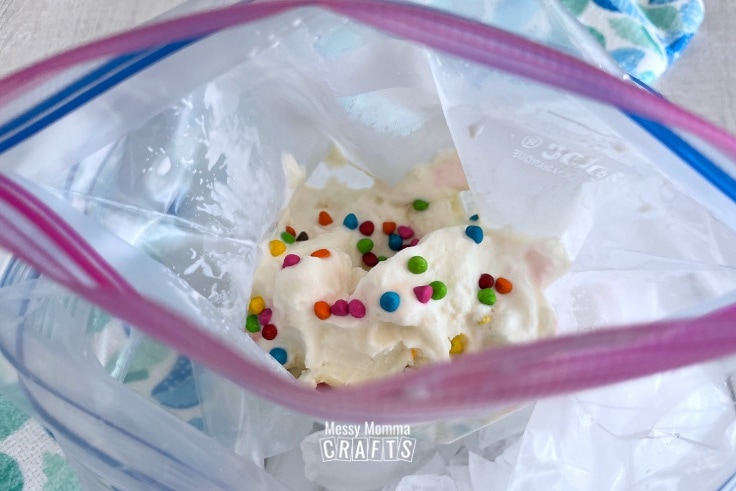 Ice Cream in the making in a ziploc bag surrounded by ice.