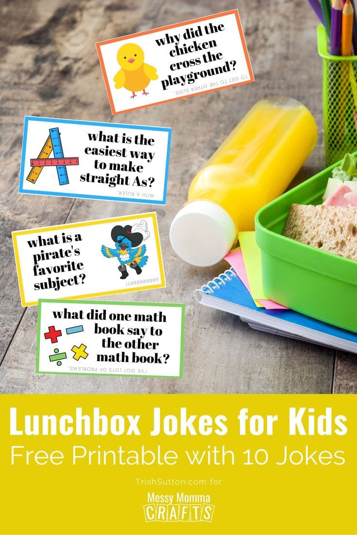 Four kids jokes on a wood background with juice and a lunchbox.