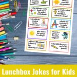 Free Printable Lunchbox Jokes for Kids on a wood backdrop with school supplies.