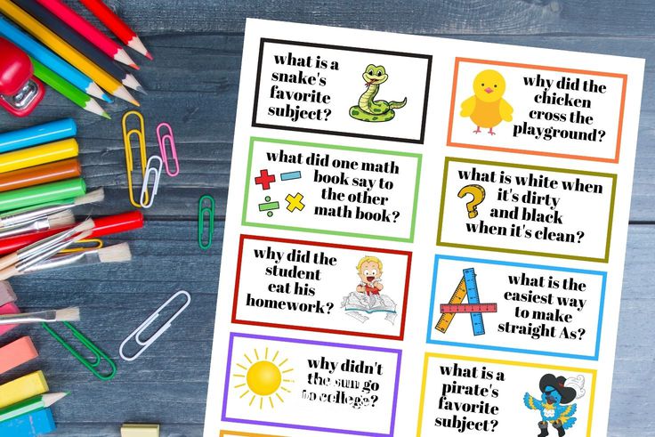Free Printable Lunchbox Jokes for Kids on a wood backdrop with school supplies.
