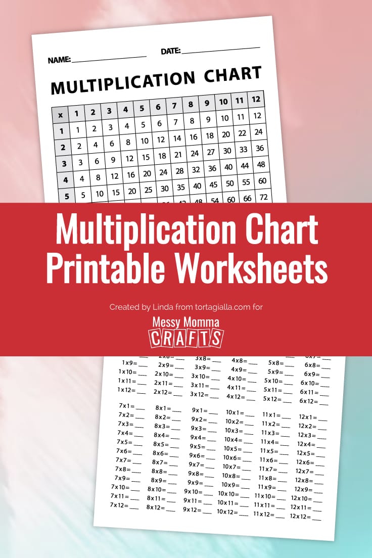 Preview of multiplication square chart printable and corresponding multiplication worksheet for kids on pink and teal background.
