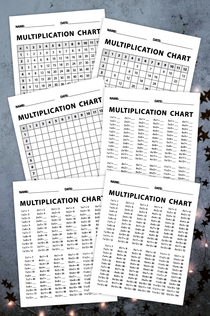 Preview of all six multiplication printable worksheets on dark background and star light decoration.