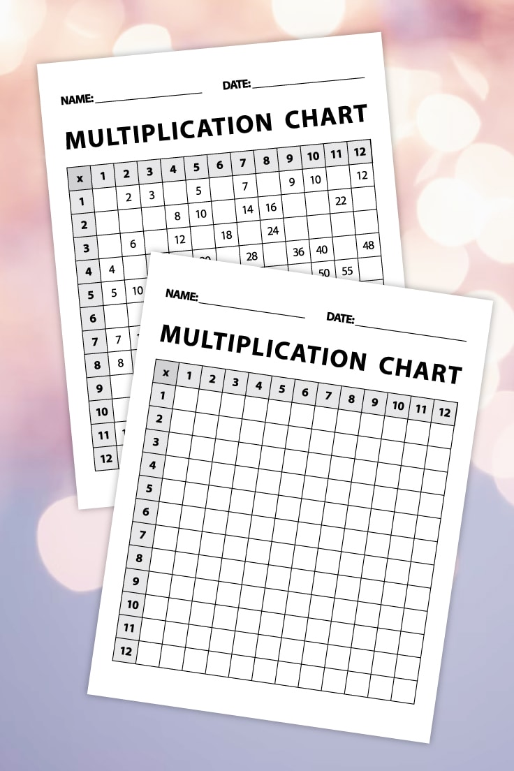 Preview of multiplication printable worksheets on bokeh light abstract background.