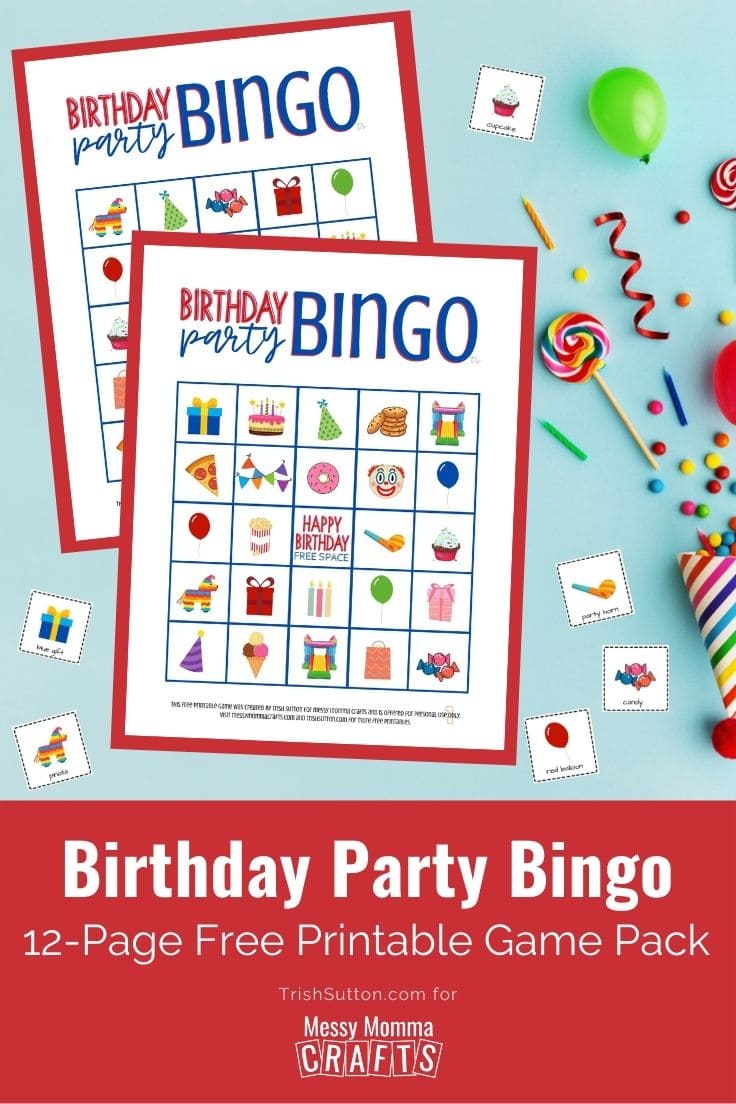 Colorful image of Birthday Party Bingo game cards with birthday party supplies on the side. 