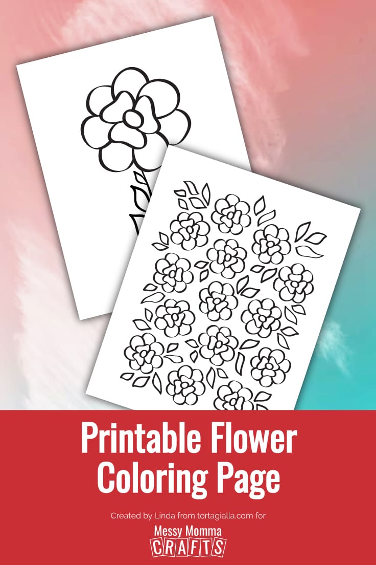 Preview of two flower coloring page designs on a pastel pink and blue background.