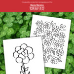 Preview of two flower coloring pages on top of a green leafy background.
