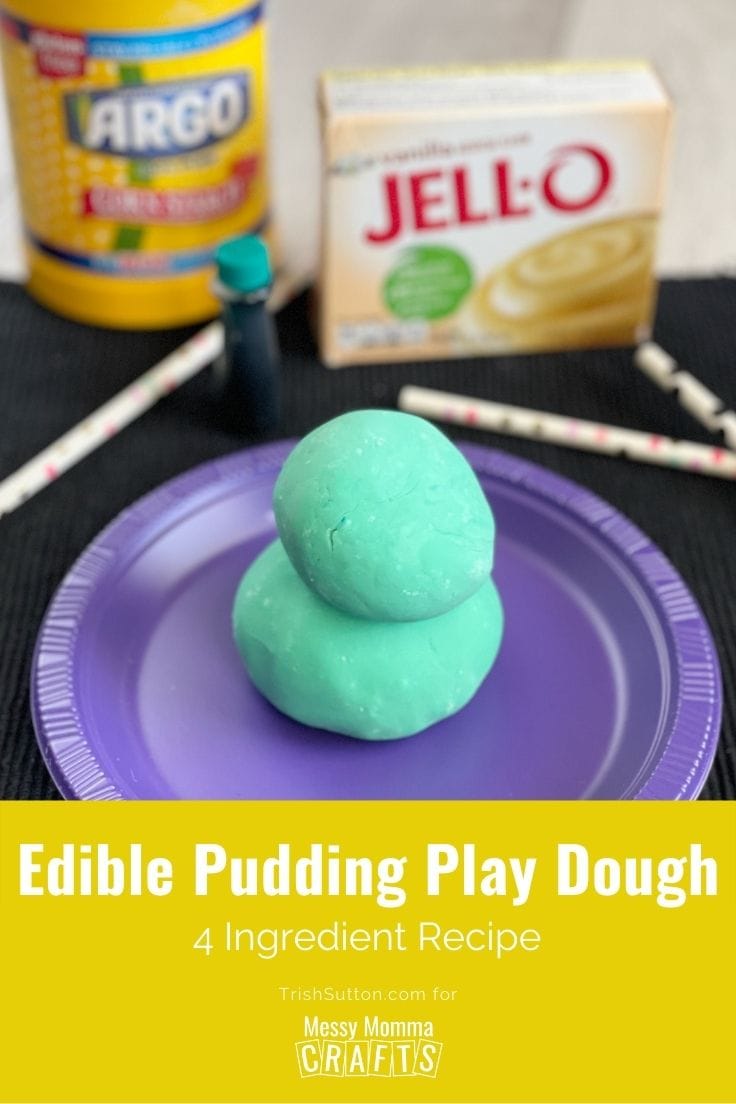 Teal Edible Pudding Play Dough on a purple plate with ingredients in the background.