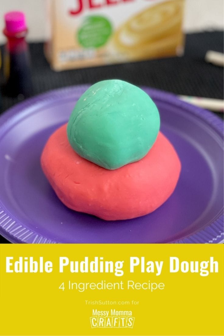 Two shades of Edible Pudding Play Dough stacked on a purple plate.