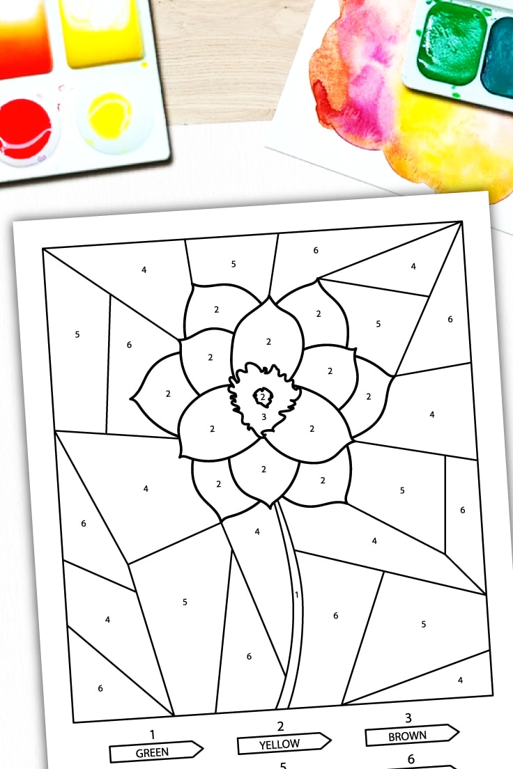 Preview of flower coloring printable on desk with watercolor paint palettes on top.