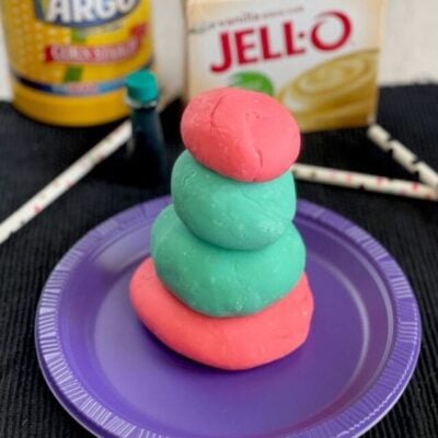 Stack of prepared Edible Pudding Play Dough in two shades.