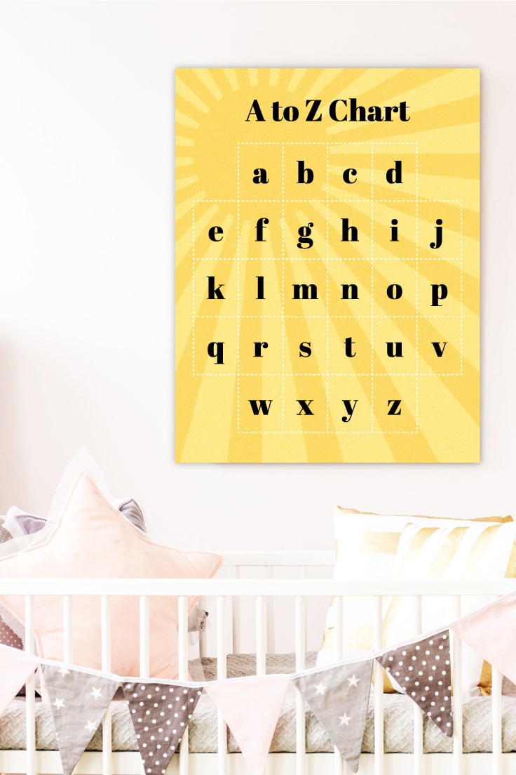 Preview of A to Z alphabet design as a poster on nursery wall above crib with pillows. 