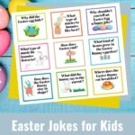 Single page of nine Easter jokes on a blue background with colorful Easter eggs.