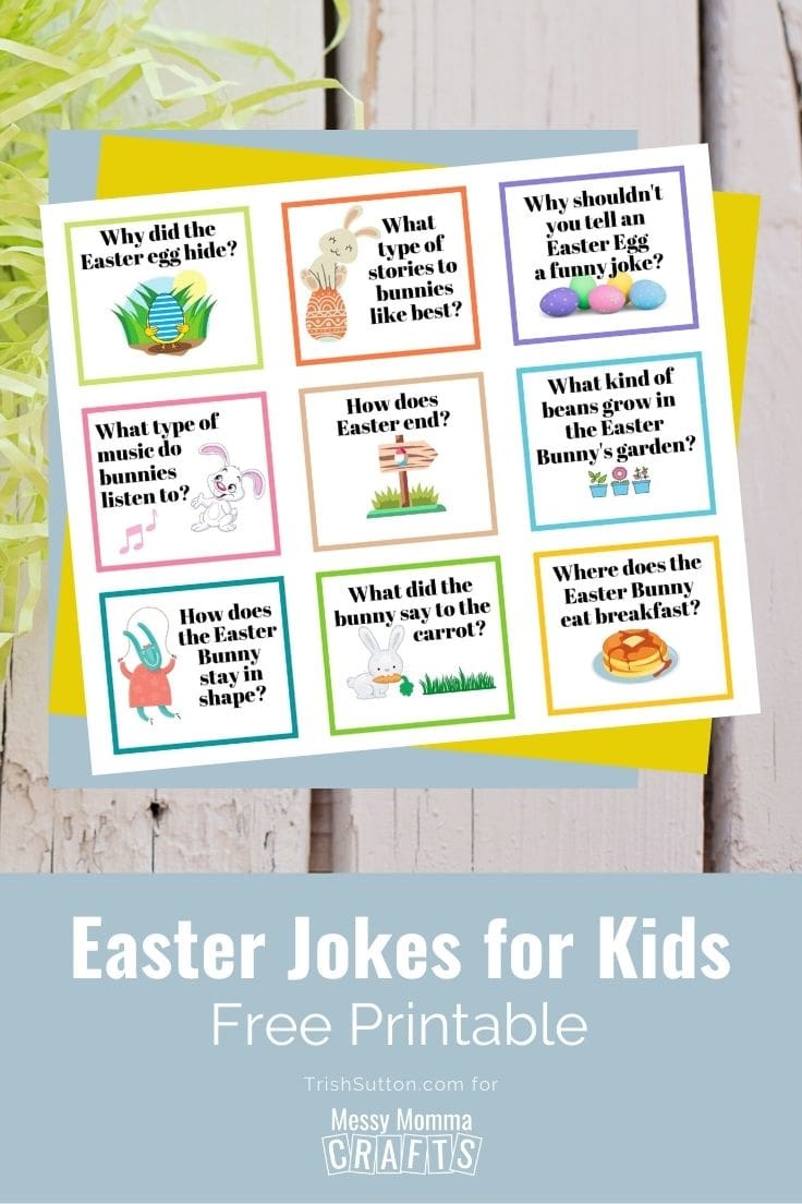One page Easter Jokes on a wood background with Easter basket grass.