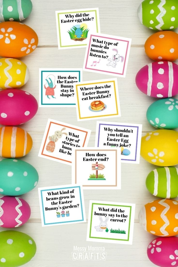 Nine Easter Jokes surrounded by decorated Easter eggs.