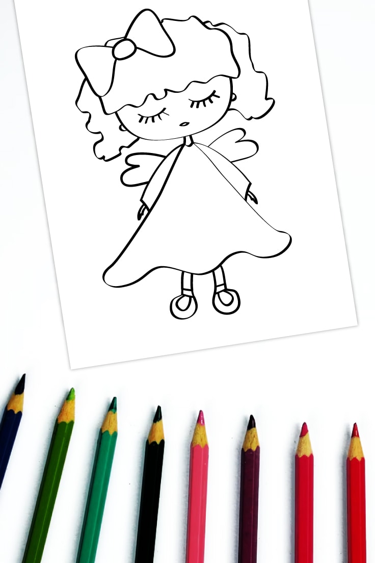 Preview of sleeping fairy coloring page printable on white background of row of colored pencils on the bottom.