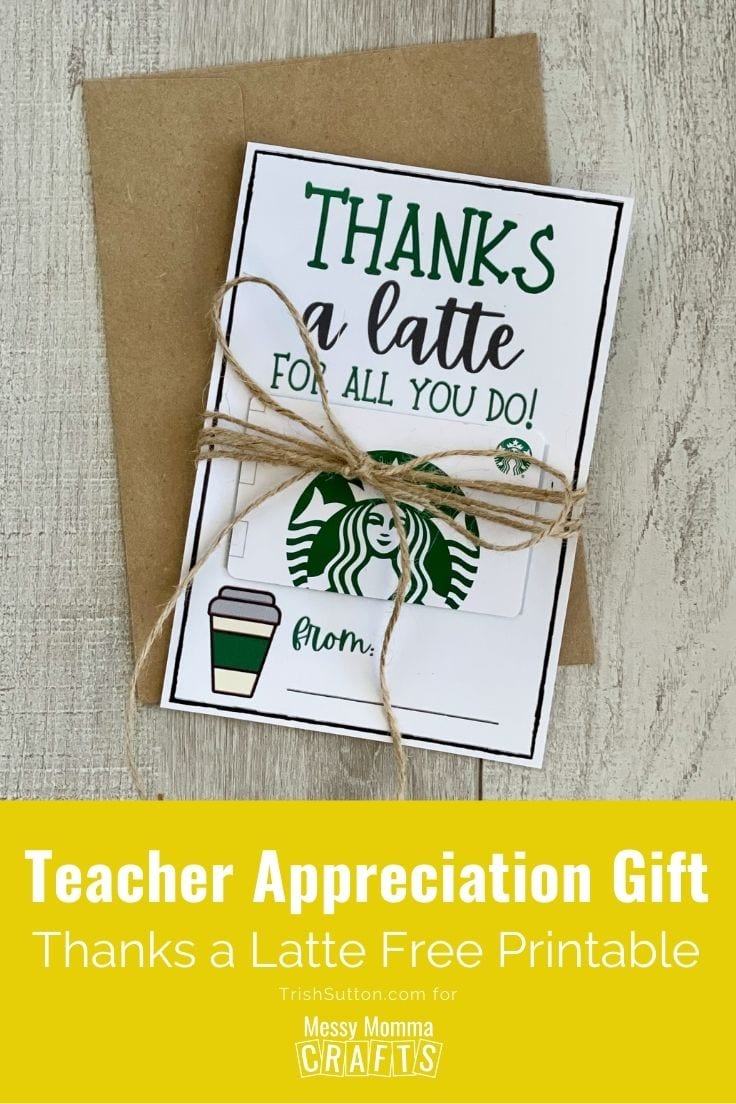 Teacher Appreciation Gift of gift card and free printable wrapped in jute on a wood background.