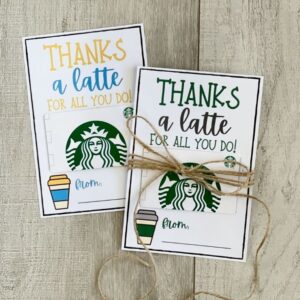 Two free printable 'Thanks a Latte' Teacher Appreciation Gifts on a wood background.
