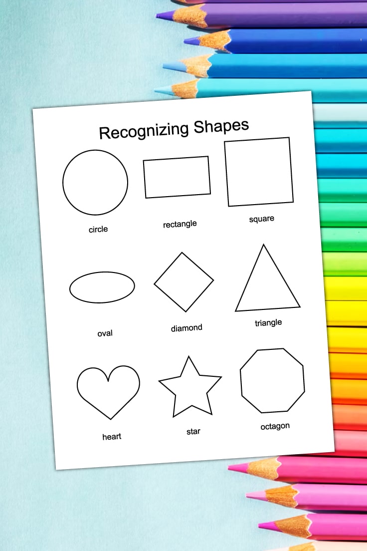 Preview of recognizing shapes kindergarten worksheet printable on top of row of colorful colored pencils on the right.
