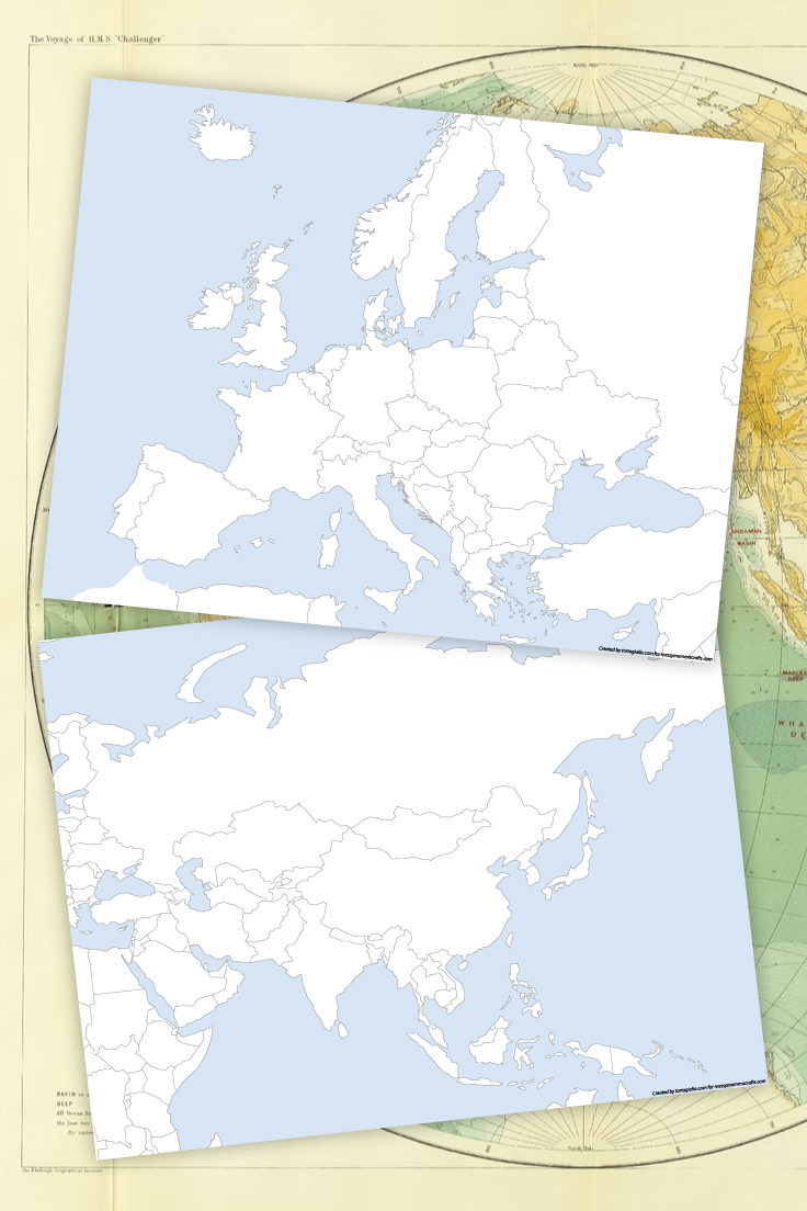 Preview of blank map of Europe and Asia on top of old atlas map background.
