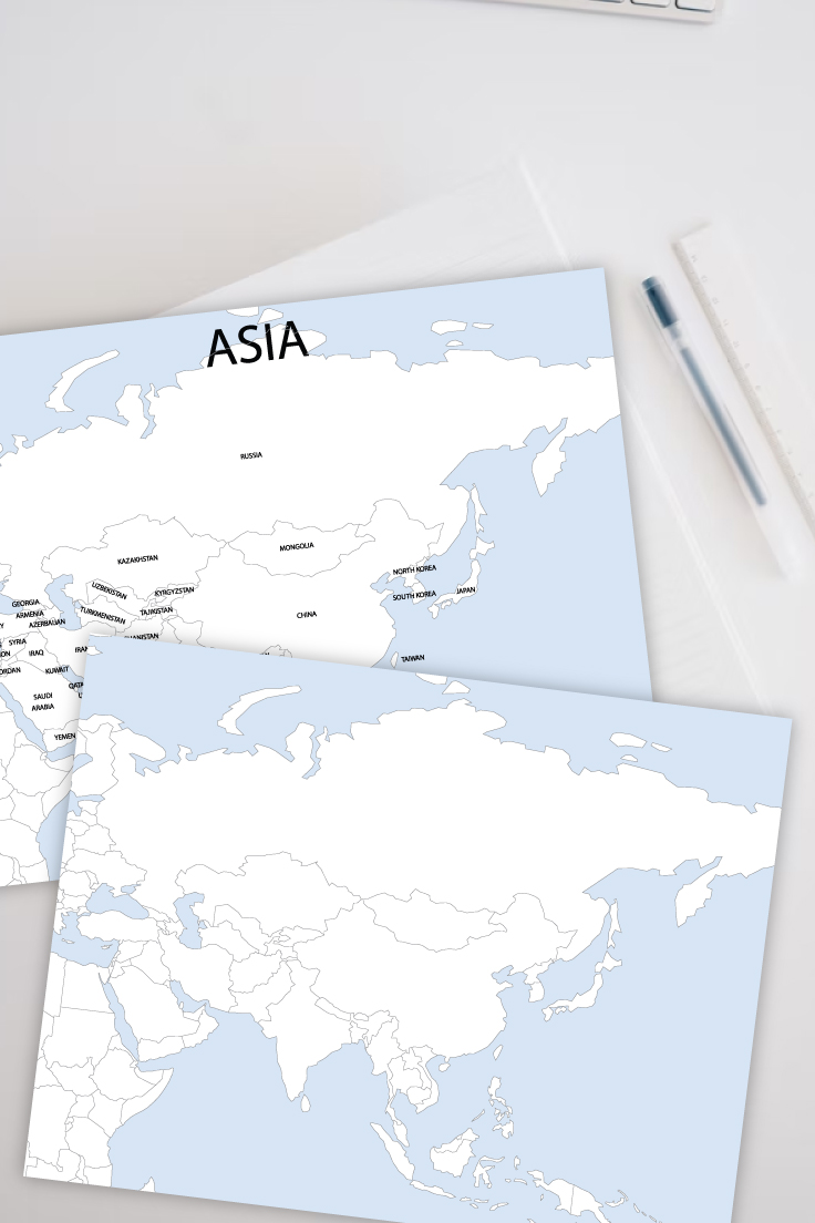 Preview of Asia map labelled and unlabelled on white desk with pen, ruler and keyboard stationery items.