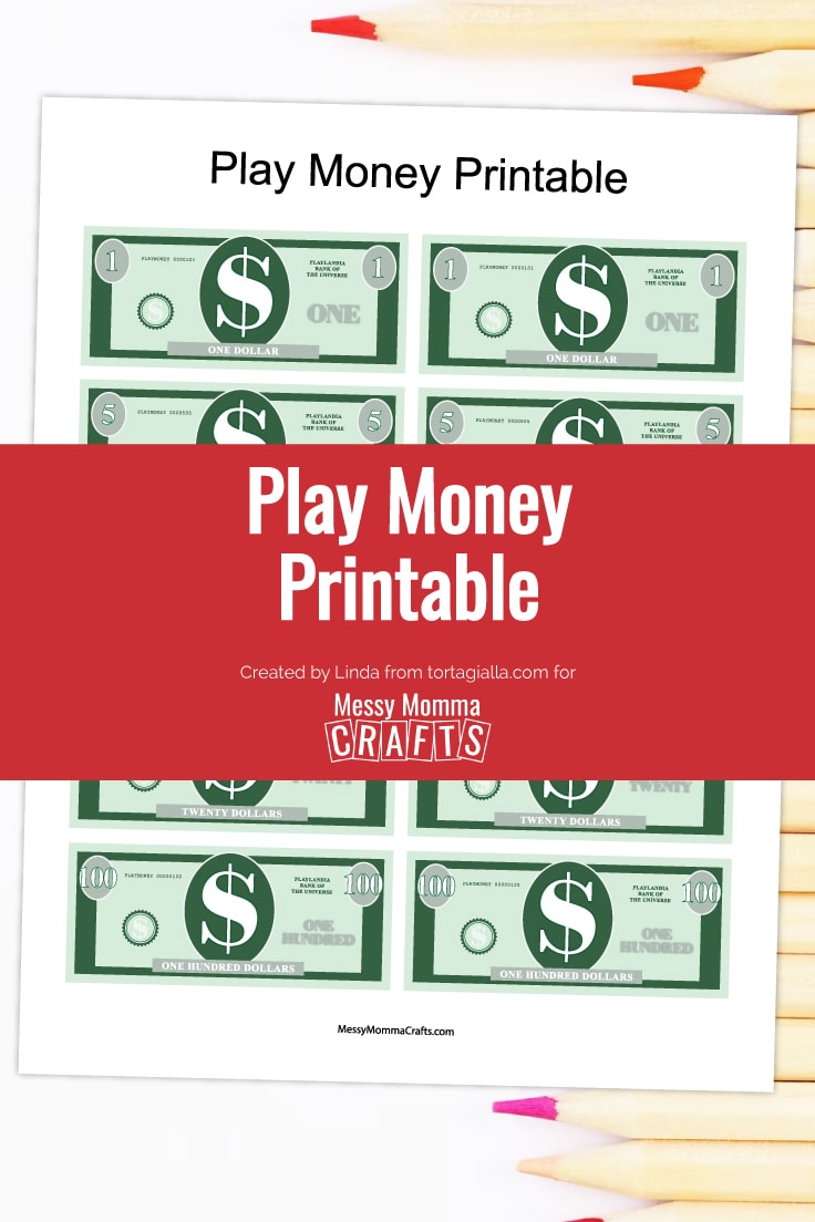 Preview of printable money PDF page on top of white background with row of wooden colored pencils on the right side. 