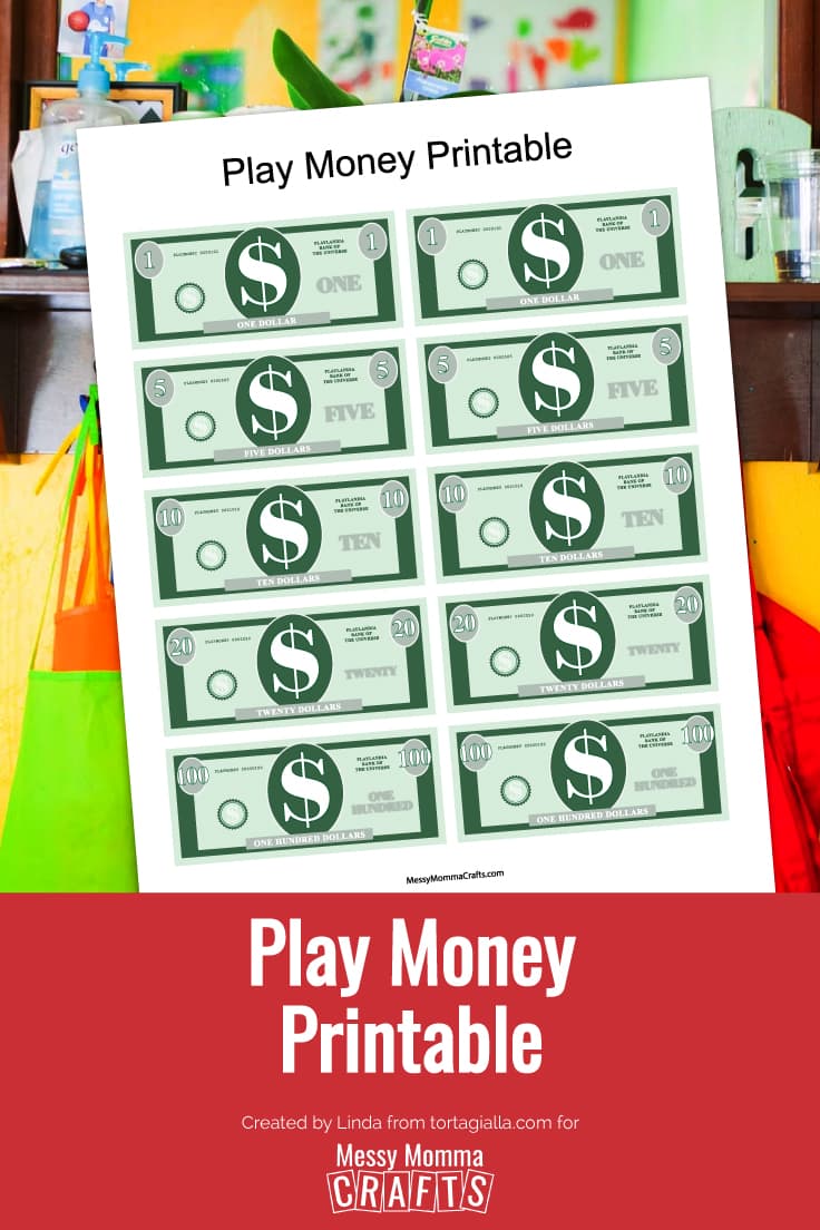 Preview of printable money PDF page on top of background view of playroom with wooden shelf and kid aprons hanging.