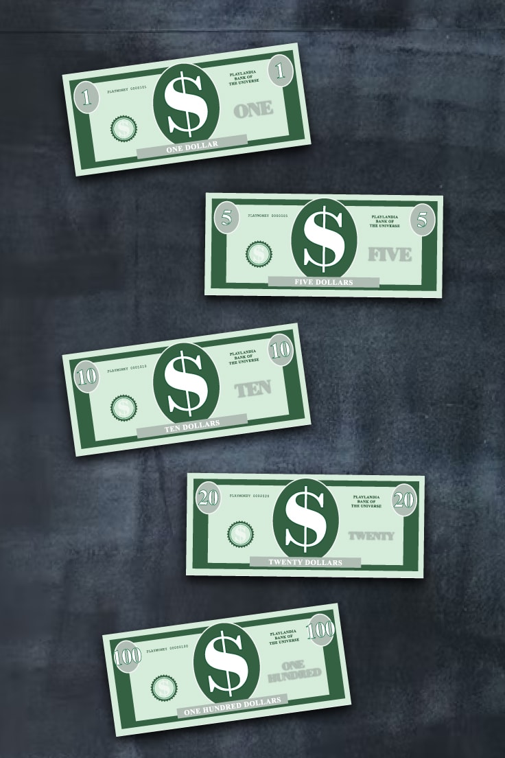 Preview of printable money cut and trimmed out (1, 5, 10, 20 and 100 bills) on top of dark blackboard background. 