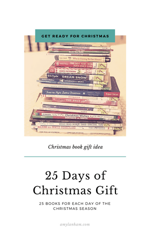 Stack of Christmas books, wording says 25 days of Christmas gifts