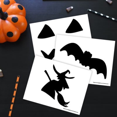 Preview of witch, bat and pumpkin face stencil designs on black background with pumpkin decoration in the upper left.