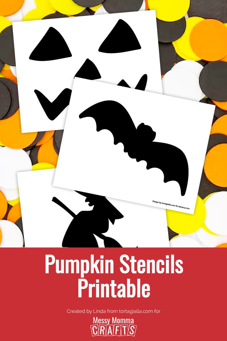 Preview of pumpkin, bat and witch silhouette printables on top of halloween colored paper confetti.