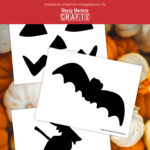 Preview of pumpkin, bat and witch silhouettes templates on top of pumpkin background.