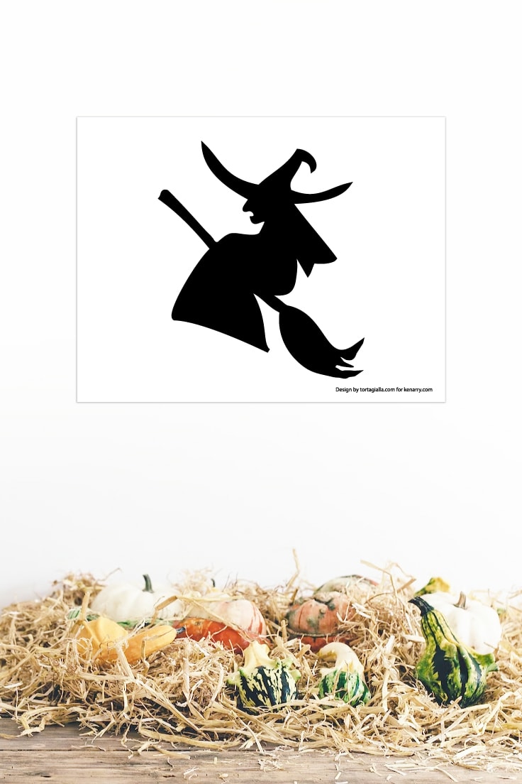 Preview of witch silhouette template on white wall with pumpkin fall decor on the bottom.