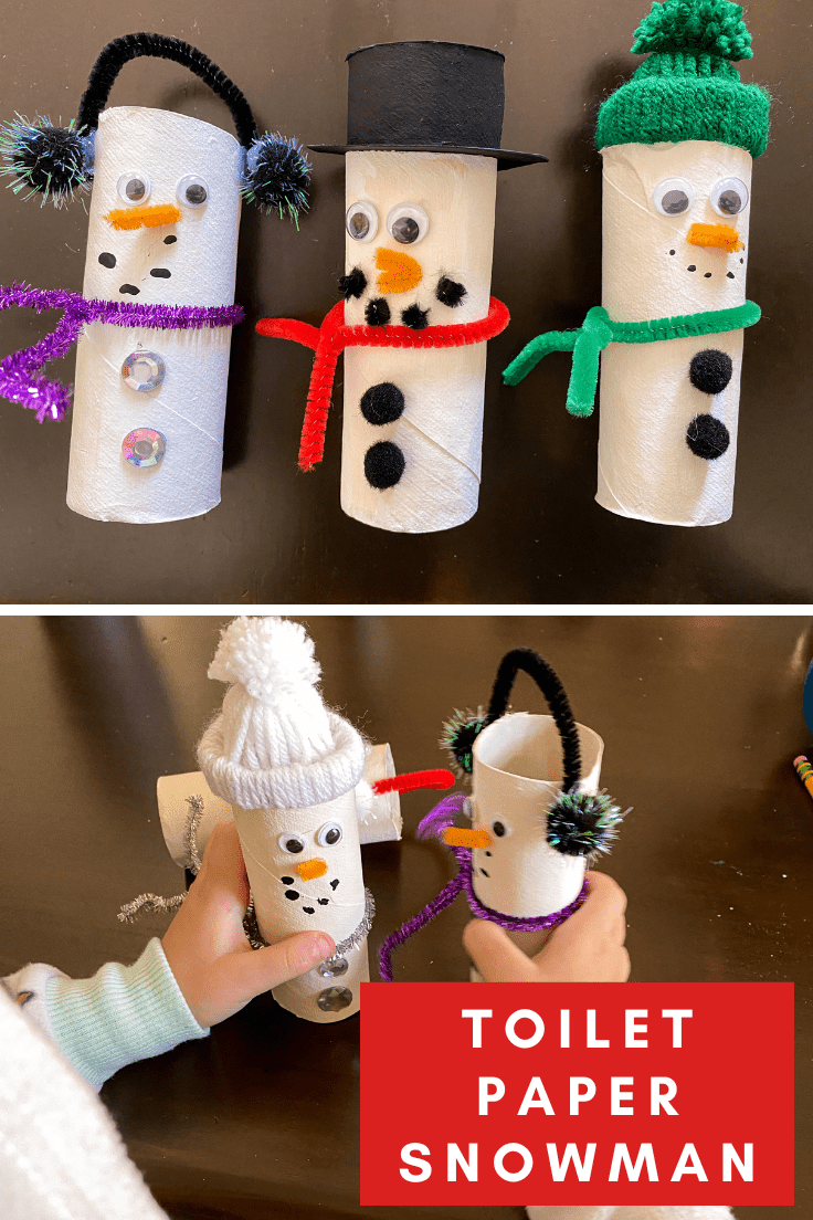 Two pictures of toilet paper snowmen. Top has 3 snowmen, bottom has a child playing with 2 snowmen.
