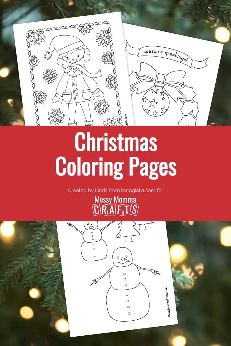 Preview of three Christmas themed coloring page printables on an evergreen plant background with white Christmas lights.