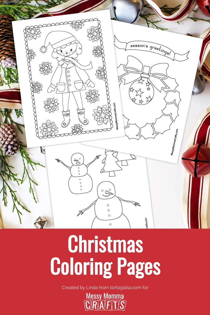 Preview of three Christmas themed coloring page printables on a white background with evergreen plant on the left and ribbon with bells on the right. 