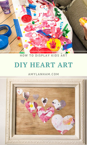 DIY Heart Art: top picture, white paper taped onto table with kids painted art on it. Bottom picture, painted hearts on a wood frame.