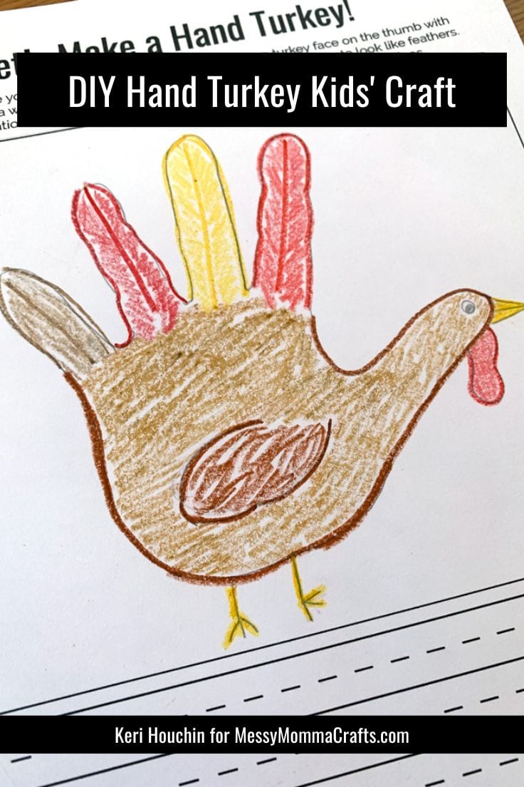 DIY hand turkey kids' craft with a brown body and red and yellow feathers.