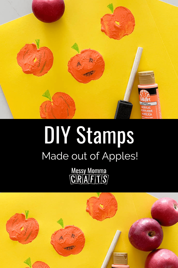 A Jack-o-Lantern design on a piece of yellow cardstock using DIY apple stamps