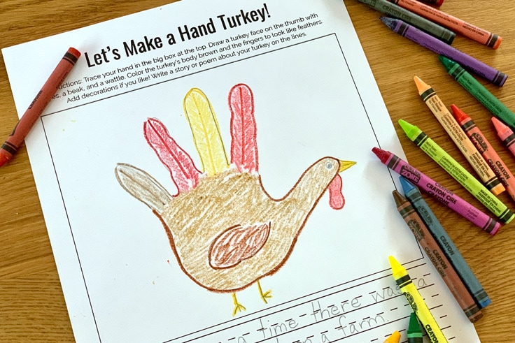 A turkey drawn by tracing a left hand and turning the thumb into a face and the fingers into feathers.