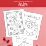 Preview of three coloring page printables with Christmas themed illustrations on pink background with candy cane, ornaments and christmas decorations at the bottom.